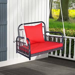 1-Person Outdoor Hanging Rattan Basket Chair Wicker Patio Swing Hammock Chair with Red Seat Cushion