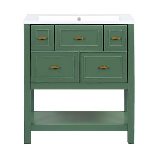 Aoibox 30 in. Freestanding Bath Vanity in Green with White Resin Sink, 5-Drawers and Solid Wood Frame
