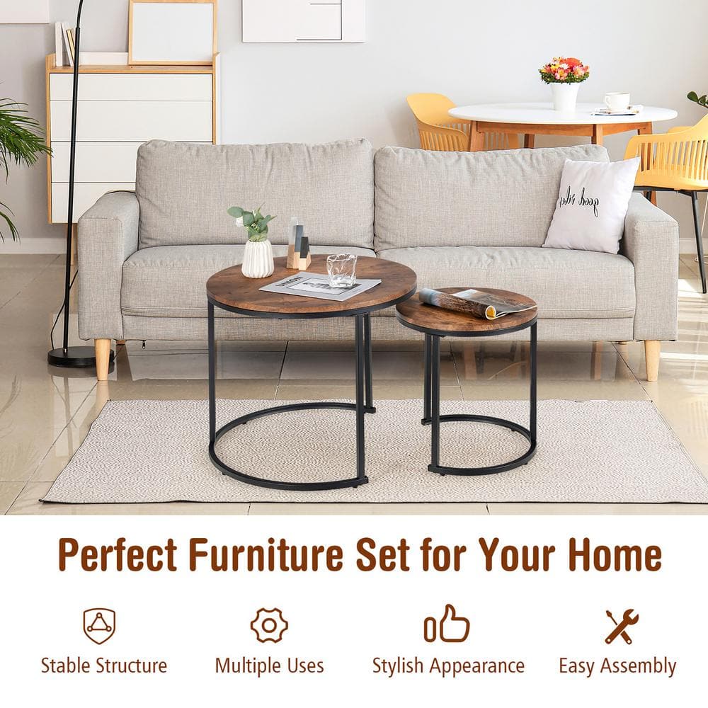 Rustic Brown Round Wood and Steel Nesting Tables Set