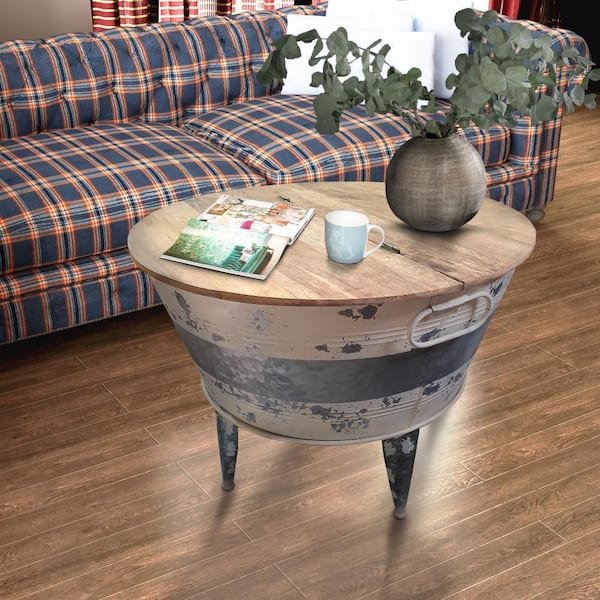 Benjara 26 in. Brown/Gray Round Wood Top Coffee Table with Tub Like Iron Base