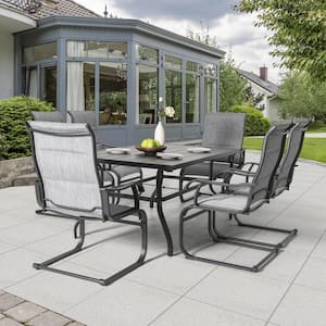 Light Gray 7-Piece Textilene and Iron Rectangle Outdoor Dining Set with 1.57 in. Umbrella Hole