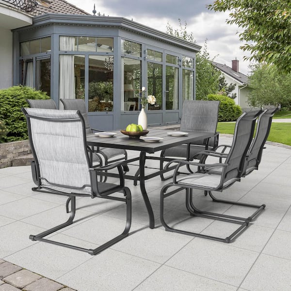 Nuu Garden Light Gray 7-Piece Textilene and Iron Rectangle Outdoor Dining Set with 1.57 in. Umbrella Hole