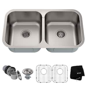 Premier Undermount Stainless Steel 32 in. 50/50 Double Bowl Kitchen Sink