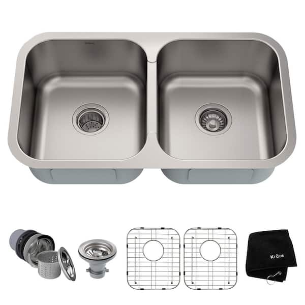 KRAUS Premier Undermount Stainless Steel 32 in. 50/50 Double Bowl Kitchen Sink