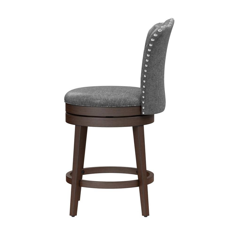 Gray Button-Tufted Wood Swivel Counter Stool