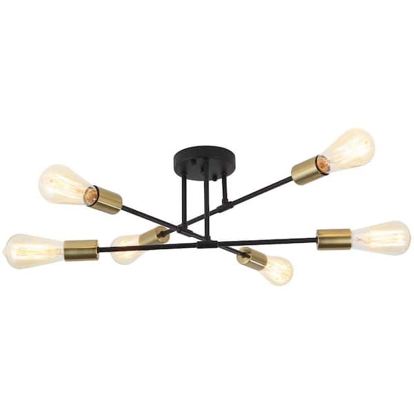 ADSENSTY 20.66 in. 6-Light Black and Brass Sputnik Modern Semi-Flush Mount Ceiling Light