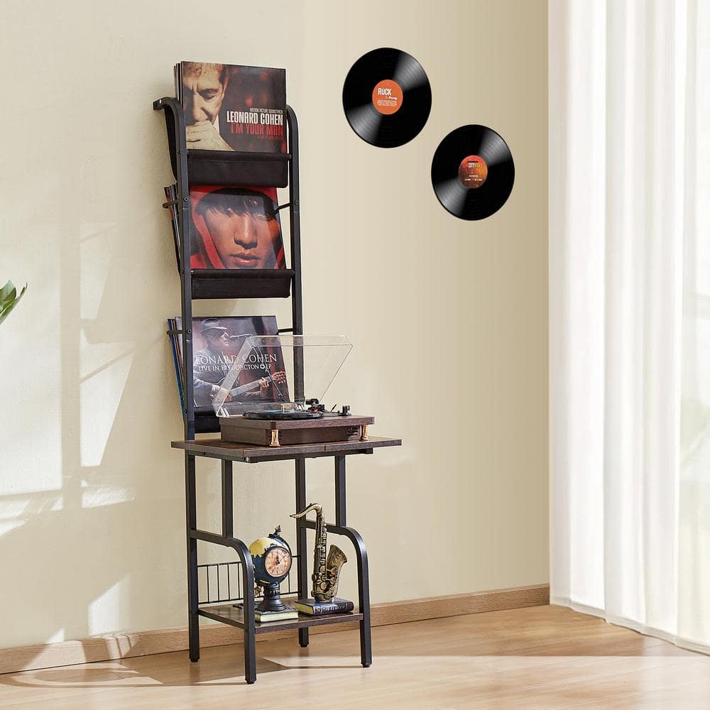 Black Steel and Wood Record Player Stand with USB Ports