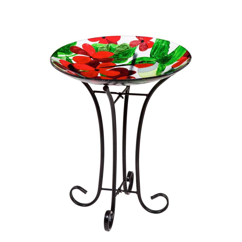 Hummingbird and Red Flower Glass Bird Bath with Stand