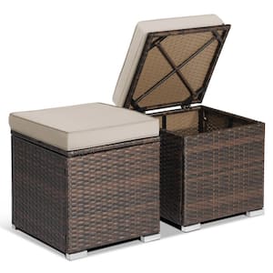 2-Piece Wicker Outdoor Patio Ottomans Hand-Woven PE Wicker Footstools with Removable Beige Cushions