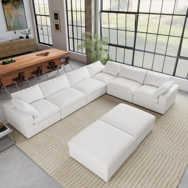 157.32 in. W Square Arm 8-piece Linen Down Feather Modular Free Combination Sectional Sofa with Storage Ottoman in White