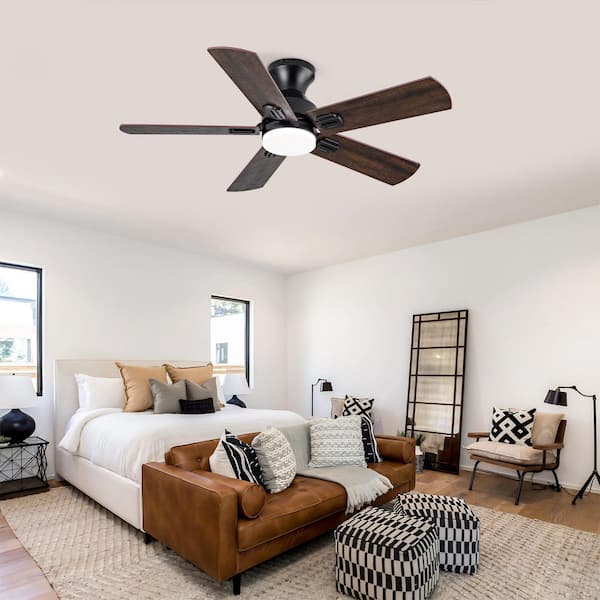42 in. Smart Black 6-Speed Walnut Brown Blades Flush Mount Standard Ceiling Fan with 3-Color Dimmable LED Light