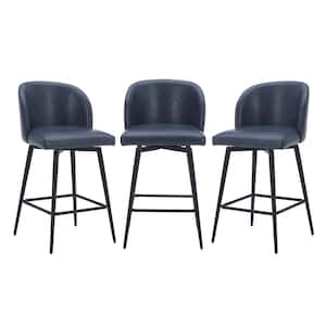 26 in. Cynthia Blue High Back Metal Swivel Counter Stool with Faux Leather Seat (Set of 3)