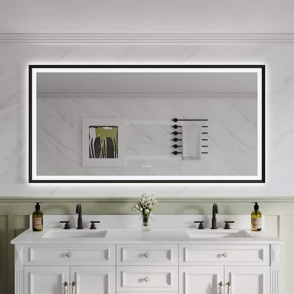 72 in. W x 36 in. H Rectangular Framed Wall LED Bathroom Vanity Mirror in Matte Black, Dimmable, Backlit and Frontlit