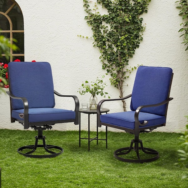 Unbranded 360° Swivel Metal Outdoor Dining Chairs (Set of 2) Patio Lounge Swivel Chairs with Full Rattan Backrest, Blue Cushions