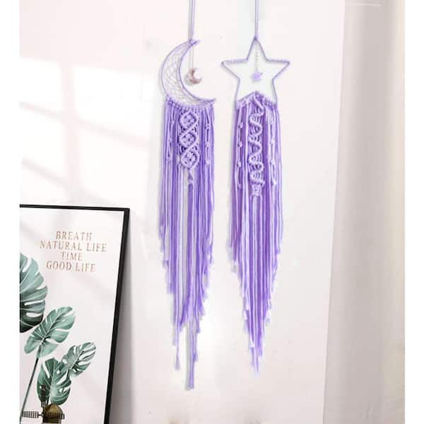 42 in. x 7.8 in. Purple Star Moon Dream Catcher with Lights-Cotton Macrame Wall Hanging Decor for Girls, Teens, Boys