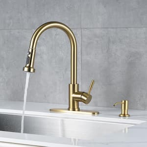 Henassor Single Handle Pull-Down Sprayer Kitchen Faucet with Advanced Spray and Soap Dispenser in Gold