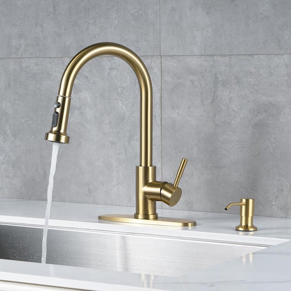 Single Handle Pull Down Sprayer Kitchen Faucet with 3-Modes Advanced Spray and Soap Dispenser in Gold