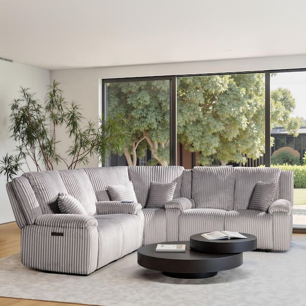 Philip 110 in. Power Motion Recliner Corner Sectional Sofa with Pillow Top Arm in Corduroy Moon Gray