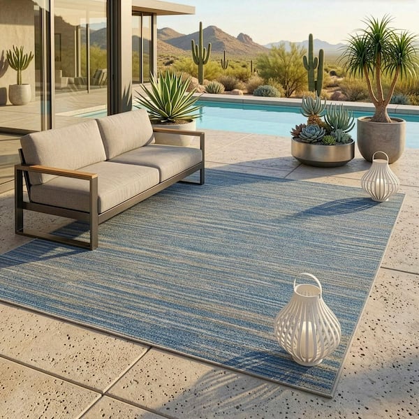 Monte Carlo Coastal Breeze Ocean-Champagne 5 x 8 ft. Striped Indoor/Outdoor Area Rug
