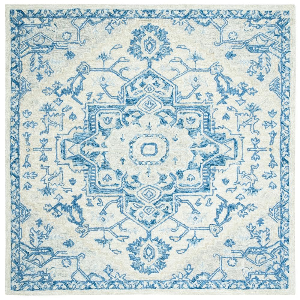 Handmade Tufted Blue/Ivory Wool Square Area Rug, 5' x 5'