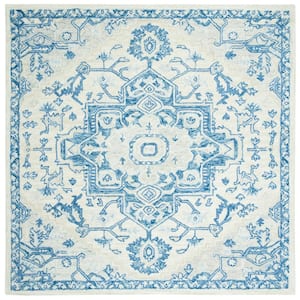 Micro-Loop Ivory/Blue 5 ft. x 5 ft. Square Medallion Floral Area Rug