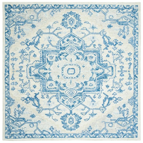 Micro-Loop Ivory/Blue 5 ft. x 5 ft. Floral Medallion Square Area Rug
