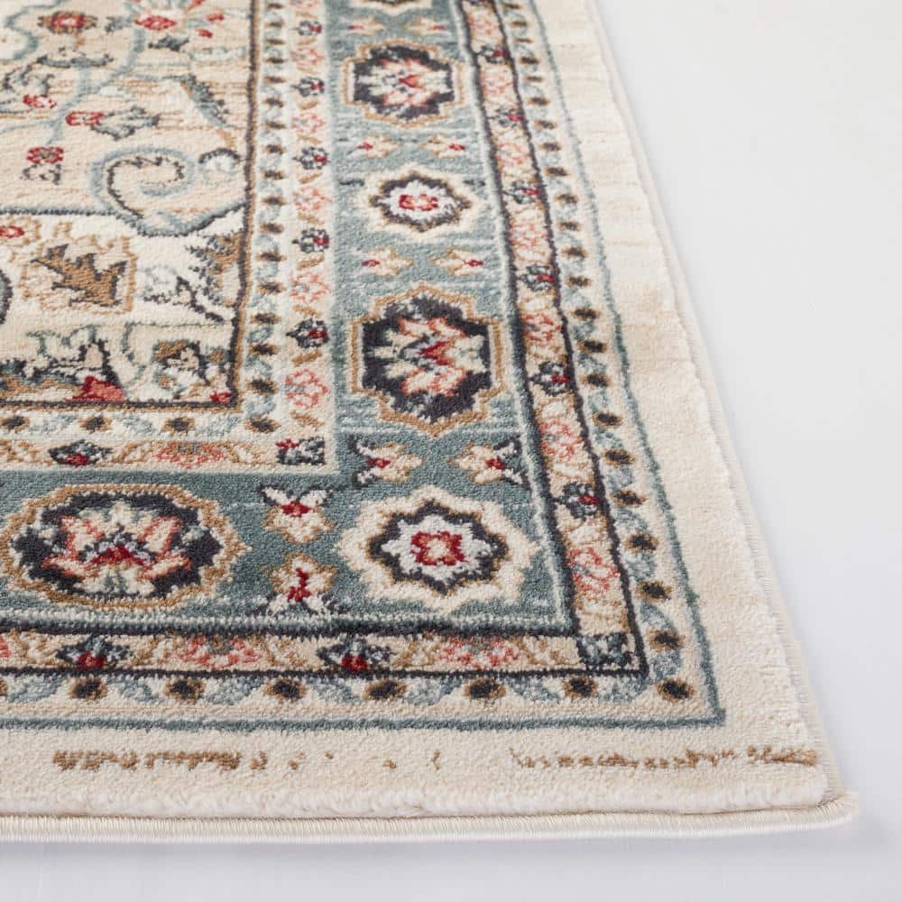 Cream and Beige 7' Square Traditional Floral Area Rug