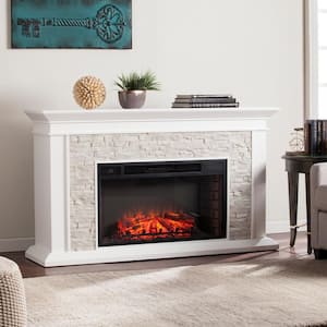 Ithaca 60.25 in. W Faux Stacked Stone Electric Fireplace in White