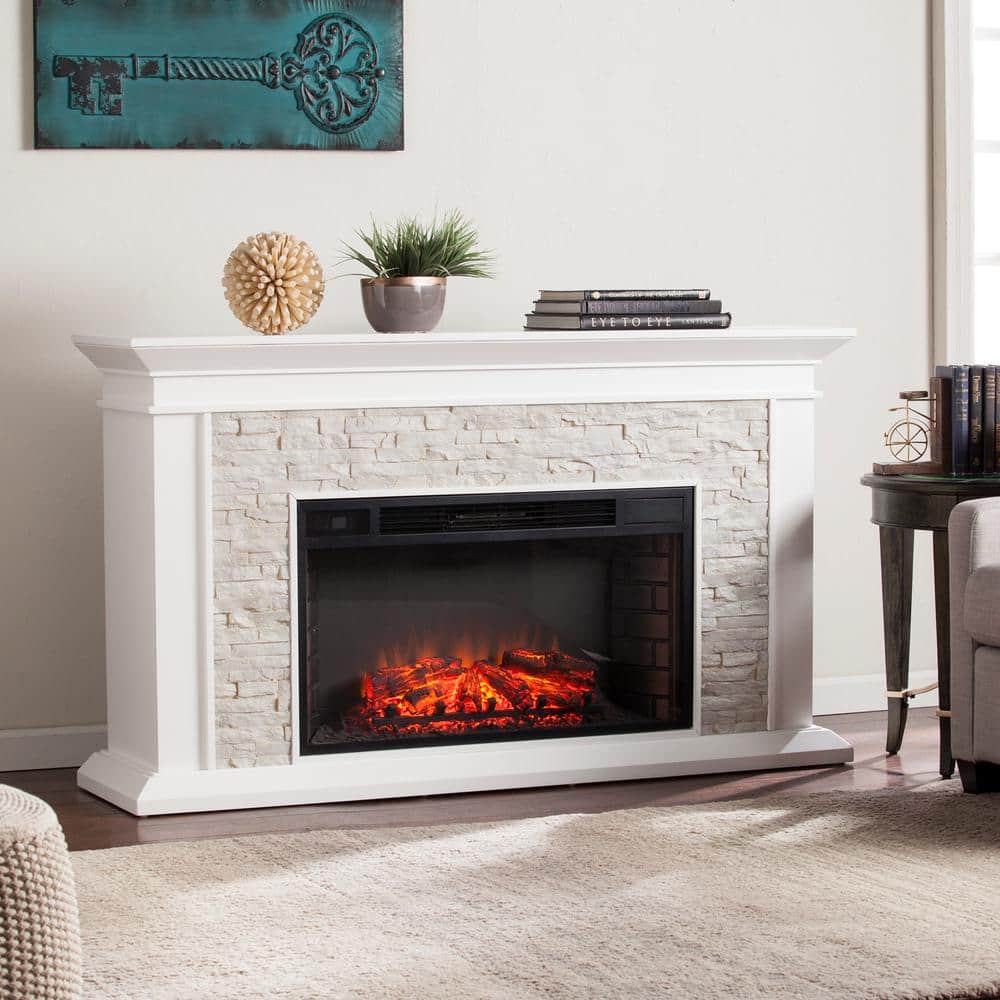 Southern Enterprises Ithaca 60.25 in. W Faux Stacked Stone Electric Fireplace in White -  HD90442