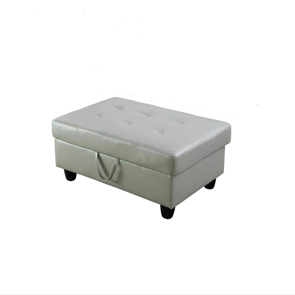Silver Green Faux Leather Storage Ottoman with Solid Wood Frame