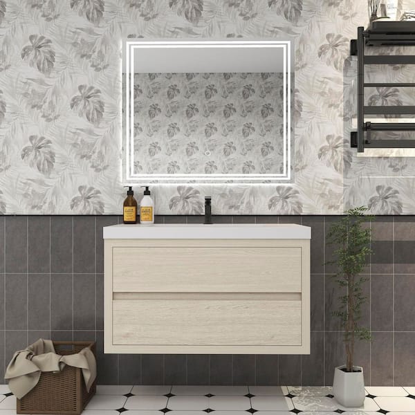 Louis 36 in. W x 20 in. D x 22 in. H Single Sink Floating Bath Vanity in Light Wood with White Acrylic Top