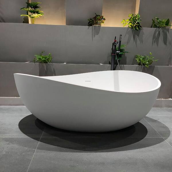 Staykiwi 63 in. x 37 in. Solid Surface Stone Resin Freestanding Soaking Bathtub with Center Drain in White