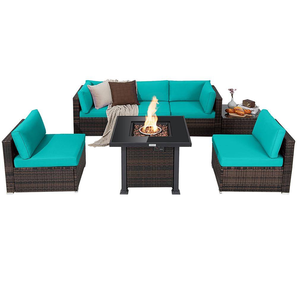 Costway 7Piece Plastic Wicker Patio Conversation Set with Turquoise Cushion Fire Pit Table