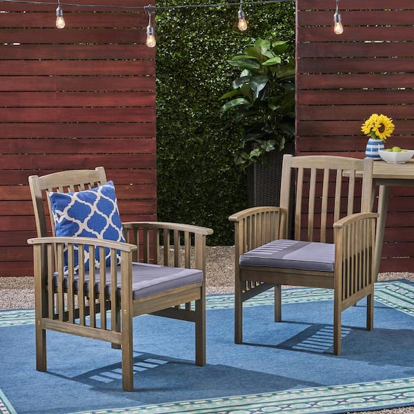 Set of 2 Outdoor Acacia Wood Dining Chairs for Backyard Patio Lawn with Cushions, Dark Gray