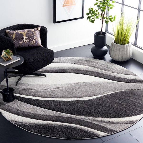 Hollywood 8 ft. x 8 ft. Gray/Ivory Gradient Waves Round Area Rug