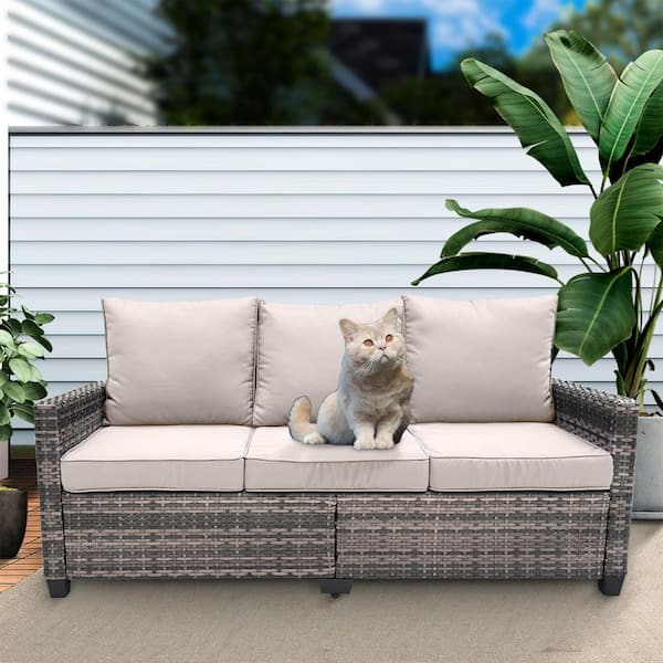 3-Piece Rattan Wicker Patio Outdoor Sectional Set Sofa with Beige Cushions