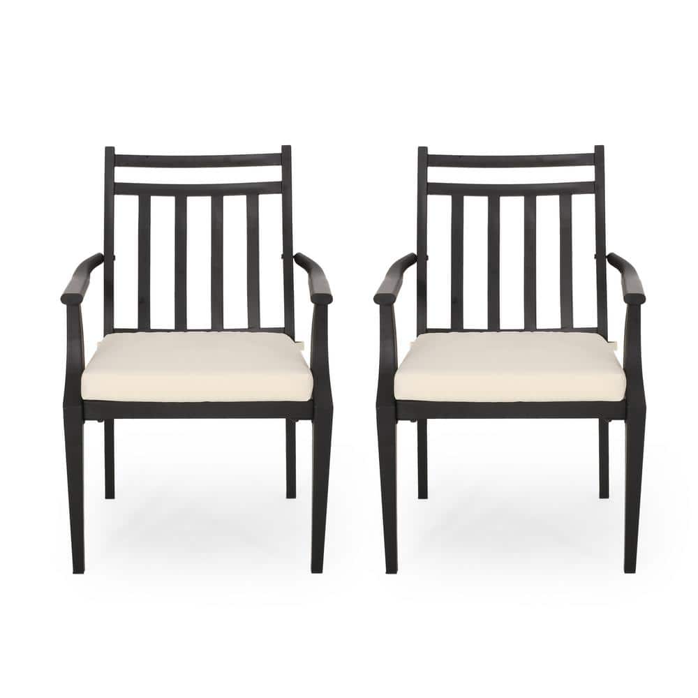 Matte Black Iron Outdoor Dining Chairs with Beige Cushions (Set of 2)