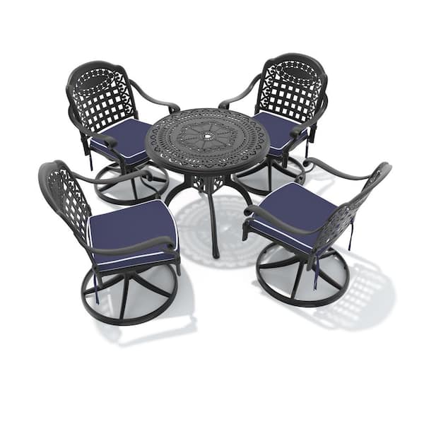 5-Piece Black Cast Aluminum Patio Outdoor Dining Set with Round Table and 4 Swivel Chairs with Blue Cushions