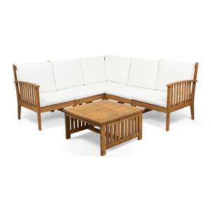 Carolina Brown Patina 6-Piece Wood Patio Conversation Sectional Seating Set with White Cushions