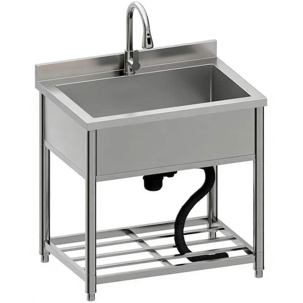 21.7 in. D x 27.56 in. W Freestanding Utility Sink in Silver with Pull-Out Faucet for Outdoor/Indoor Use