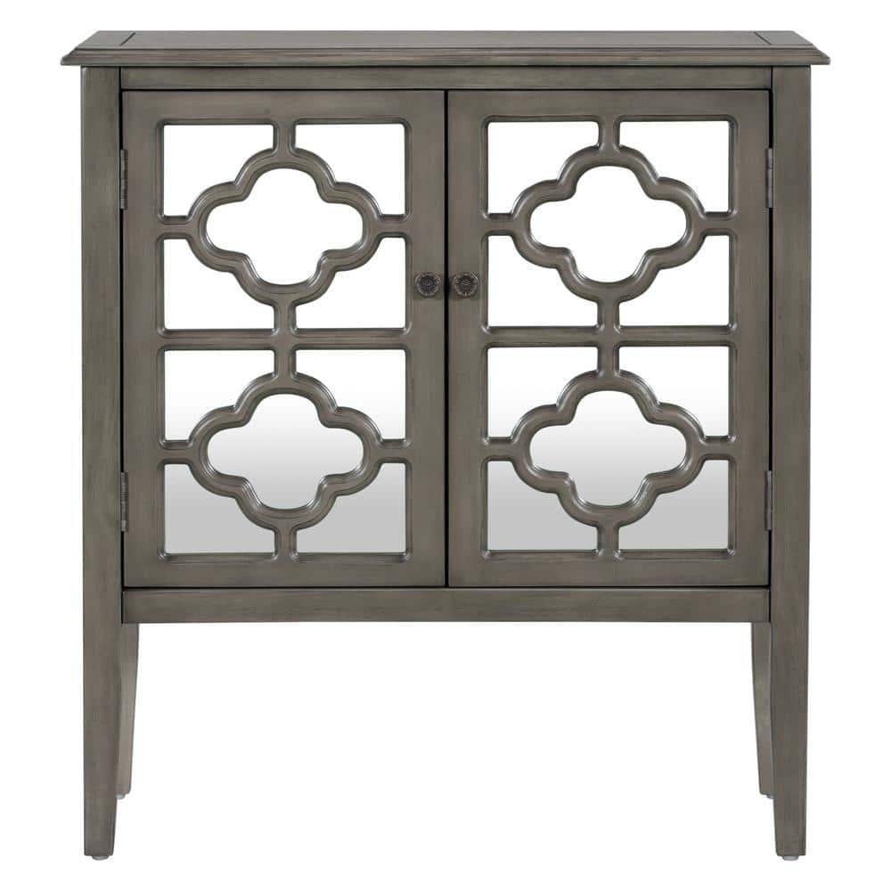 Gray Wood Buffet Sideboard Storage Cabinet with Mirrored Doors and Adjustab