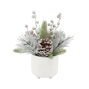 9 in. H Christmas Arrangement in Joy Wreath Ceramic Footed Pot with Pinecones and Berries