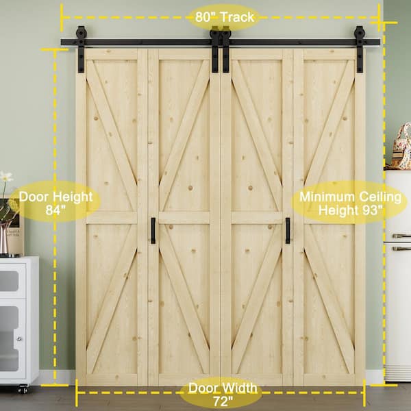 72 in. x 84 in. Paneled K Shape Solid Pine Wood Unfished Bi-fold Sliding Barn Door with Hardware Kit and Handle