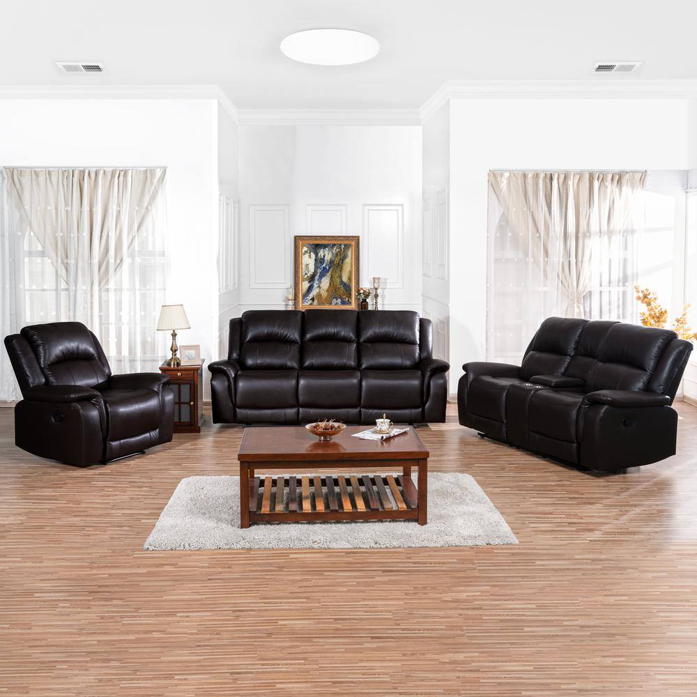 85.82 in. D 3-Piece Rolled Arm Faux Leather Modular Push Back Recliner Sofa, Loveseat and Chair in Espresso