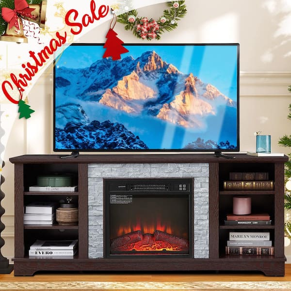 58.31 in. Freestanding TV Stand with 18 in. Electric Fireplace Insert, for TVs up to 65 in., Cherry, Faux Stone Surround