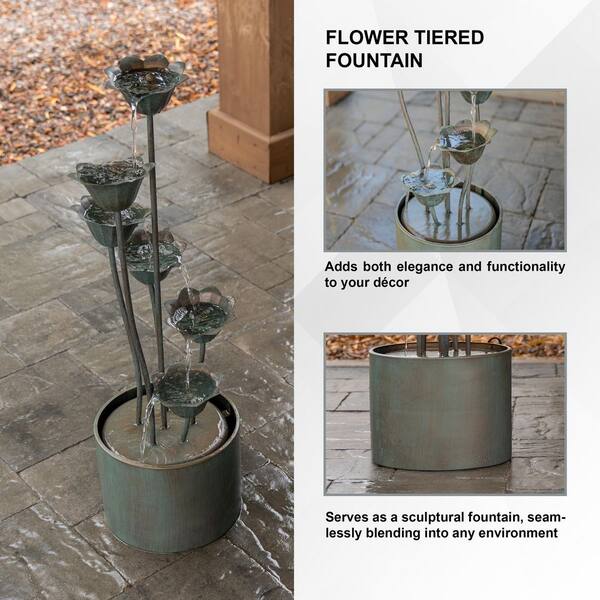 XBRAND Metal Sculptural Cascade Multi-Tiered Flower Water Fountain
