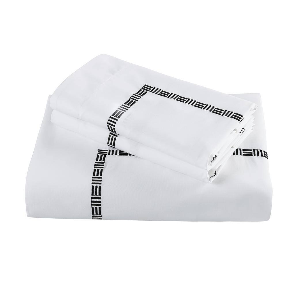 King White and Black Cotton Embroidered Sheet Set