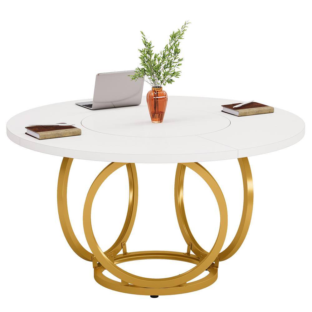 47 in. Round White Gold Modern Conference Table for 4-People, Small Meeting Table Desk for Office