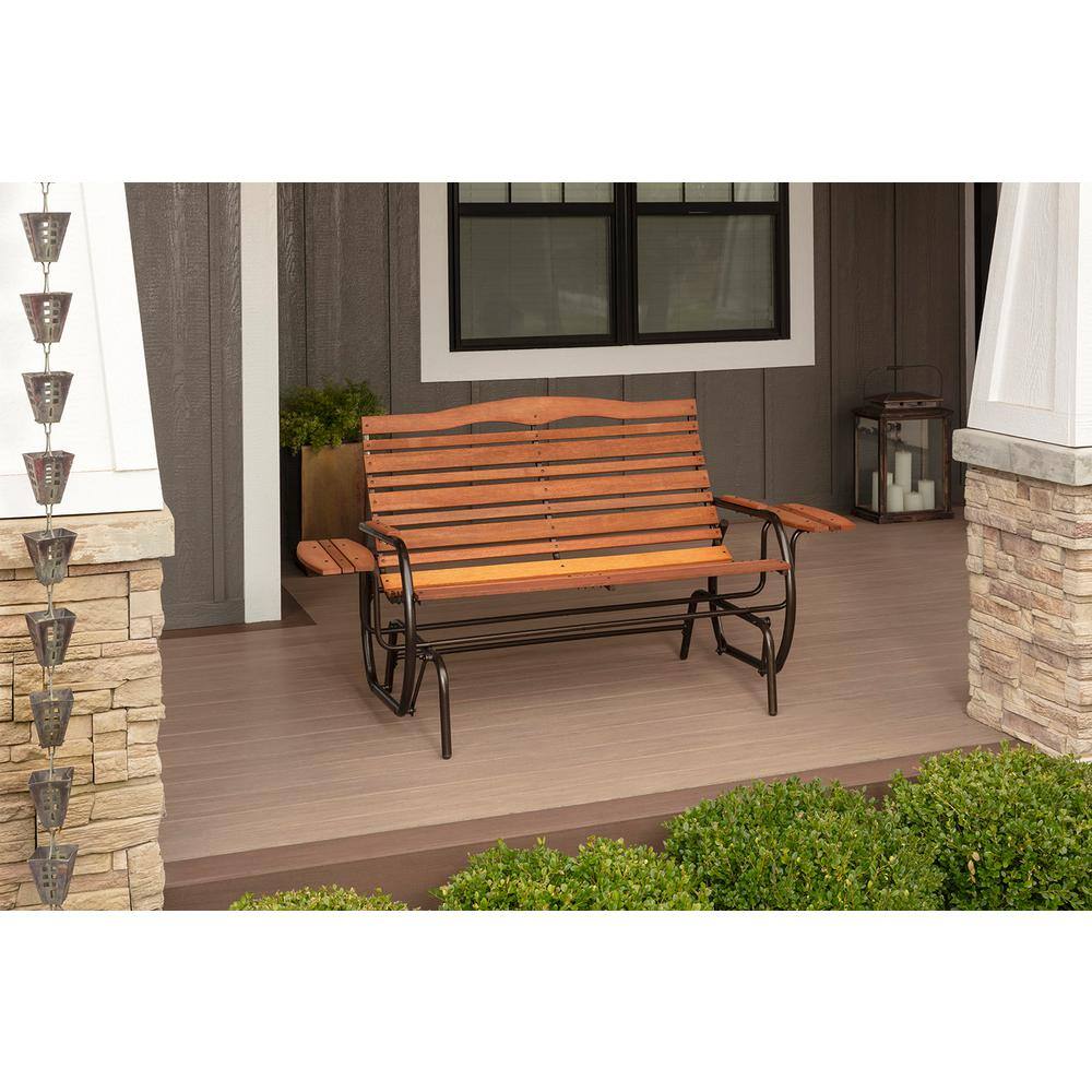 Bronze Steel Frame Double Glider Bench with Mahogany Trays
