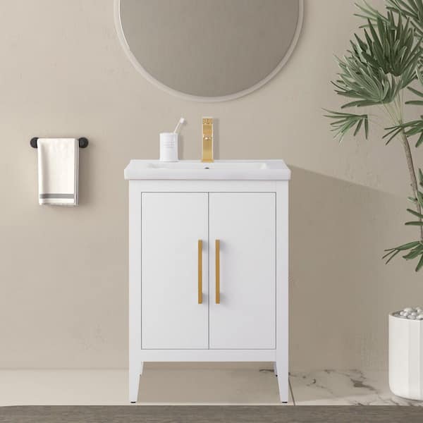 24 in. W x 18.5 in D x 34 in. H Single Sink Bathroom Vanity Cabinet in White with Ceramic Top